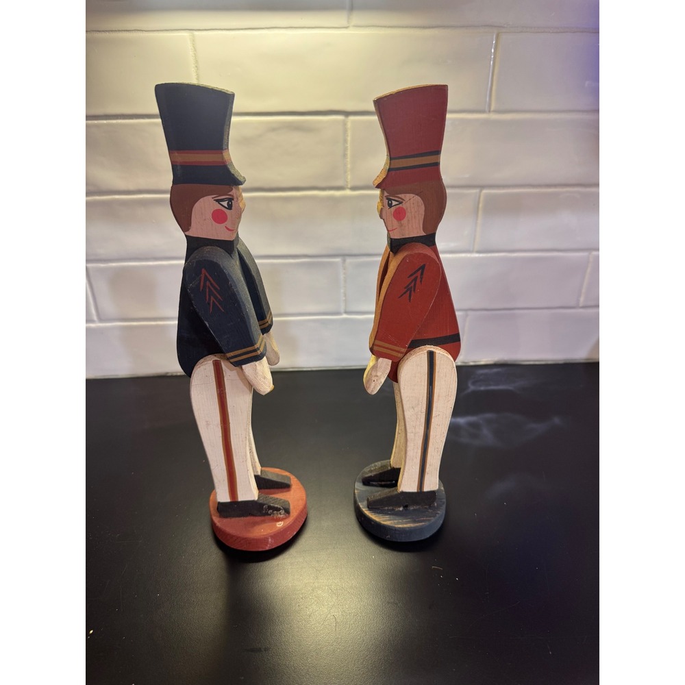 Vintage Wooden Toy Soldier Figurine Set 12in Red Blue Folk Art Holiday Decor